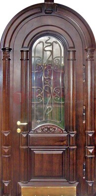 Арочная металлическая дверь массив со стеклом и ковкой ДА-50 в Троицке