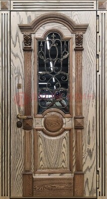Железная дверь с массивом дуба со стеклом и ковкой ДМД-47 в Троицке