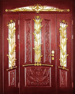 Бордовая железная парадная дверь со стеклом и ковкой ДПР-75 в Троицке
