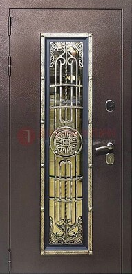 Железная дверь цвета медный антик со стеклом и ковкой ДСК-105 в Троицке