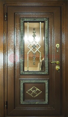 Теплая входная дверь со стеклом и ковкой разноцветной ДСК-13 в Троицке