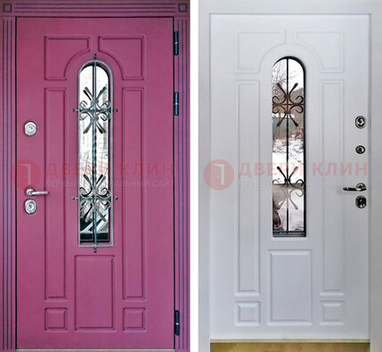 Розовая металлическая дверь со стеклом и ковкой ДСК-151 в Троицке