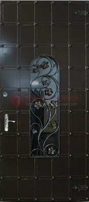 Высокая железная дверь со стеклом и ковкой ДСК-15 в Троицке