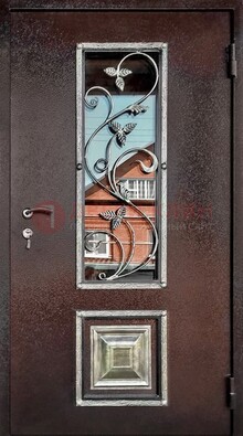 Коричневая стальная дверь порошок со стеклом и ковкой ДСК-163 в Троицке