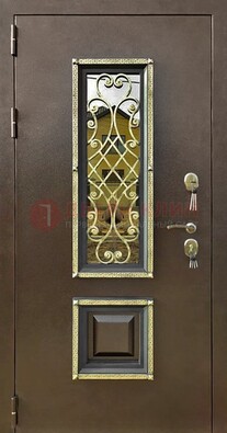 Входная дверь порошок со стеклом и ковкой для коттеджа ДСК-166 в Троицке
