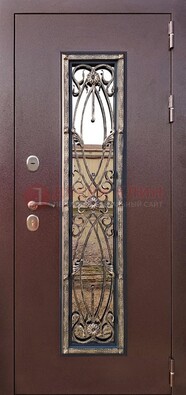Коричневая стальная дверь порошок со стеклом и ковкой для дома ДСК-169 в Троицке