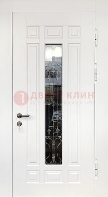 Белая стальная дверь винорит со стеклом и ковкой ДСК-191 в Троицке