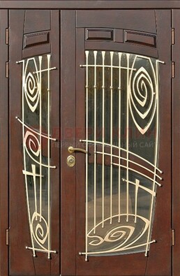 Коричневая железная дверь с большим стеклом и ковкой ДСК-203 в Троицке