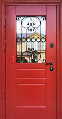 Красная железная дверь Винорит со стеклом и ковкой ДСК-205 в Троицке