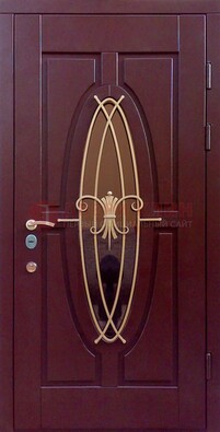 Бордовая стальная дверь Винорит со стеклом и ковкой ДСК-263 в Троицке