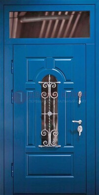 Синяя железная филенчатая дверь со стеклом и ковкой ДСК-97 в Троицке