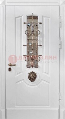 Белая металлическая дверь с виноритом и стеклом с ковкой ДВТ-165 в Троицке