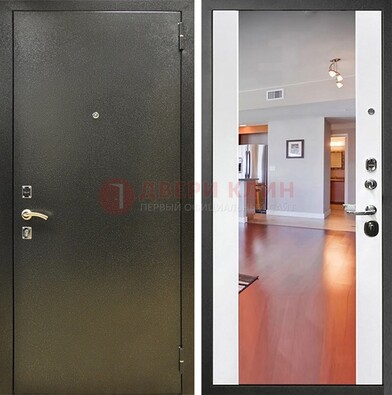 Входная темно-серая дверь c порошковым покрытием и Белой МДФ с зеркалом ДЗ-115 в Троицке