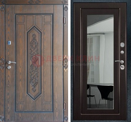 Уличная коричневая дверь c виноритом и МДФ Венге с зеркалом ДЗ-116 в Троицке