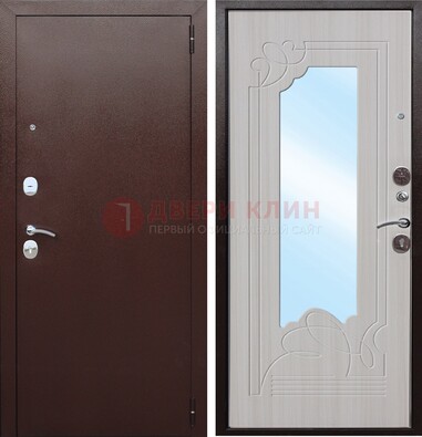 Коричневая металлическая дверь с зеркалом МДФ внутри ДЗ-33 в Троицке