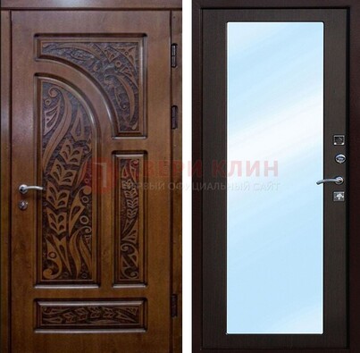 Коричневая входная дверь c узором и виноритом МДФ с зеркалом ДЗ-98 в Троицке