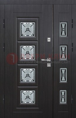 Чёрная двухстворчатая железная дверь с МДФ и витражом ВЖ-35 в Троицке