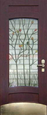 Бордовая стальная дверь с витражом и декоративным элементом ВЖ-3 в Троицке